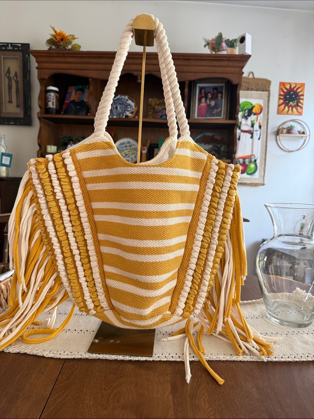 Yellow and White Striped Fringe Tote Bag by